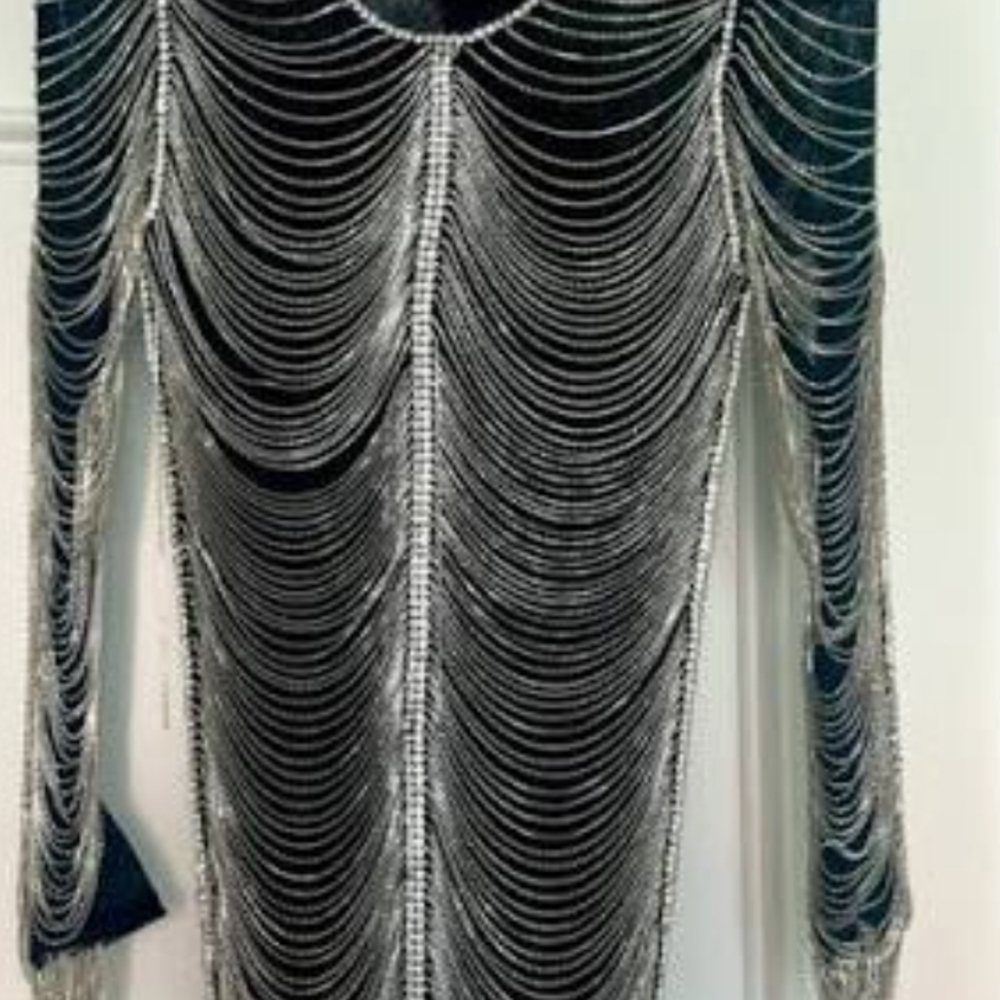 Retrofete Jacqueline Embellished Charcoal Fringe-Trim Long Sleeve Bodycon Dress - Picture 5 of 5